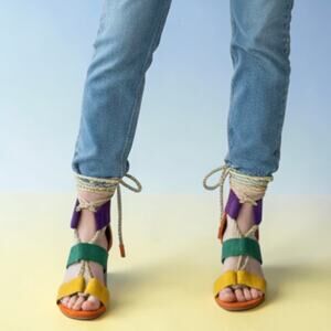 Shein Multi-Color Block Lace-up Back Chunky Heel Suede Open Toe Sandals US7/EU37